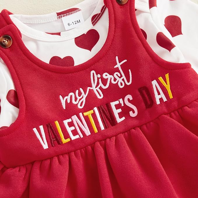 FIOMVA My First Valentines Day Outfit Clothes Baby Girl Romper Love Onesie Heart Embroidery Overalls Suspender Dress Set