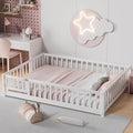 i-POOK Full Size Floor Bed for Children, Solid Wood Montessori Bed Frame with Fence & Door Montessori Floor Bed with Safety Guardrails for Girls and Boys, White (with Bed Slats)