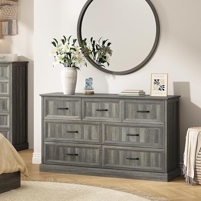 CARPETNAL Farmhouse Dresser and Nightstand Sets for Bedroom, 3 Pcs Bedroom Set, 7 Drawer Dresser & Nightstand Set of 2, Modern Wood Chest of Drawers for Bedroom, Living Room, Entryway, Grey