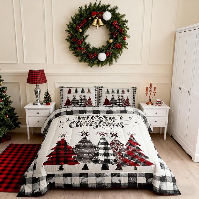 Christmas Trees Kids Comforter Set Twin Size,Geometric Grids Ink Tie-dye Bedding,Girls Boys Adults Bedroom/Xmas Cabin Decor,Rustic Vintage Down Comforter,Black Grey Retro Duvet Insert,1 Pillowcase
