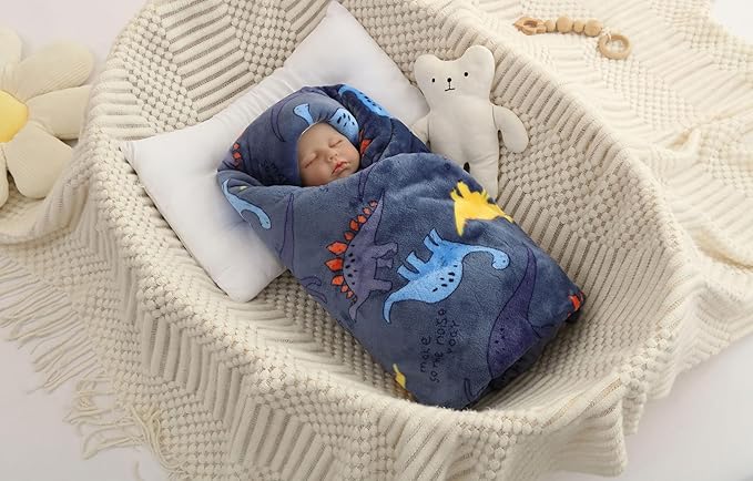 Flannel Baby Blanket Reversible Super Soft Blankets for Boys Girls Infant Newborn Sherpa Receiving Blankets for Crib Stroller Blue Dinosaur 30" x 40"