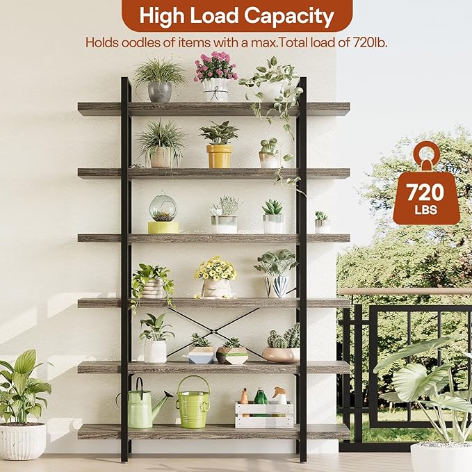 Bookcase, 47 Inch Wide Wood Bookshelf, 120lbs Shelf Capacity, Rustic Open Shelving Industrial Display with Reinforced Horizontal Shelves for Living Room Bedroom Office (6 Tier - Grey) 2 Set
