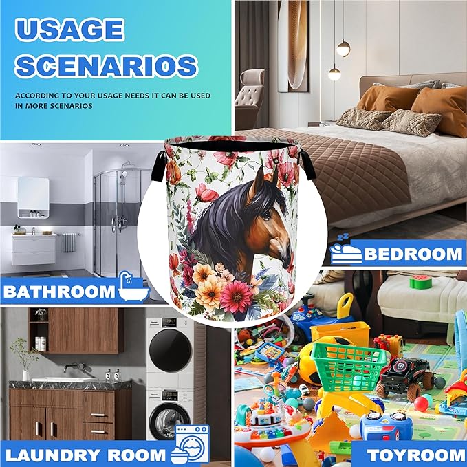 Beautiful Horse Flowers Laundry Basket Oxford Cloth Laundry Hamper With Handle Foldable Portable Clothes Storage Basket 18.9 X 16.5 Inch Storage Bag For Laundry Room/Bathroom/Bedroom/Dormitories