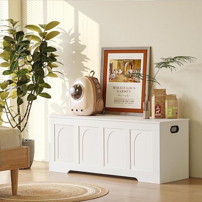 DINZI LVJ Storage Chest, 47.2" Rattan-Like Toy Box with 2 Safety Hinges, Wooden Entryway Storage Bench with Flip-Top, Large Trunk for Living Room, Bedroom, Easy Assembly, White