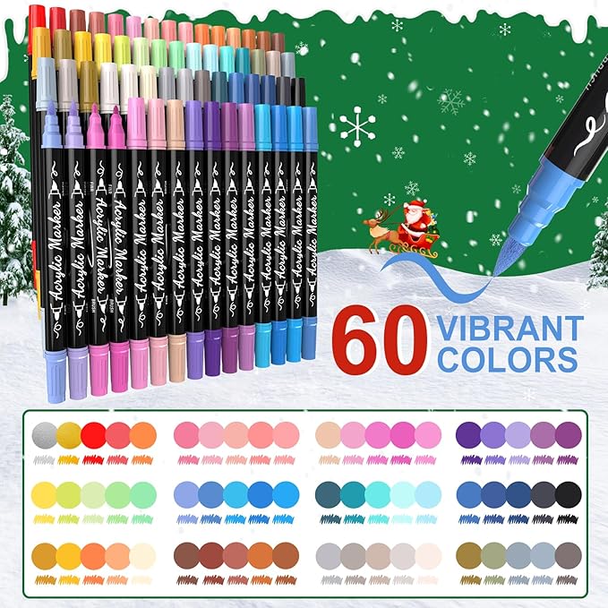 TOSAHRE Acrylic Paint Pens Markers 60 Colors Waterproof Dual Tip Acrylic Markers Set with Brush & Fine Tip Coloring Pens for Rock Painting Wood Scrapbook Fabric Glass Ceramic DIY Craft Art Supplies