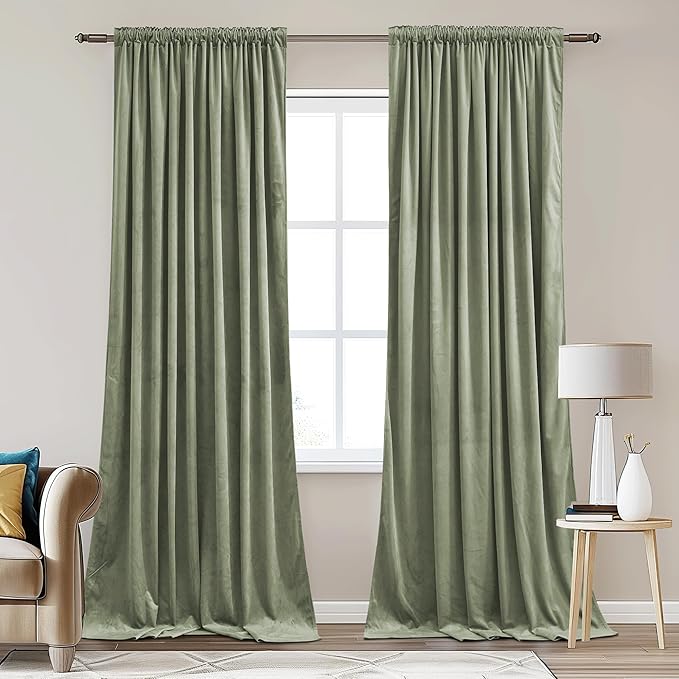 StangH Extra Wide Sage Green Velvet Curtains Soft Room Darkening Thermal Insulated Dividers for Living Room Back Tab Heavy Drapes for Bedroom, W62 x L96, 2 Panels