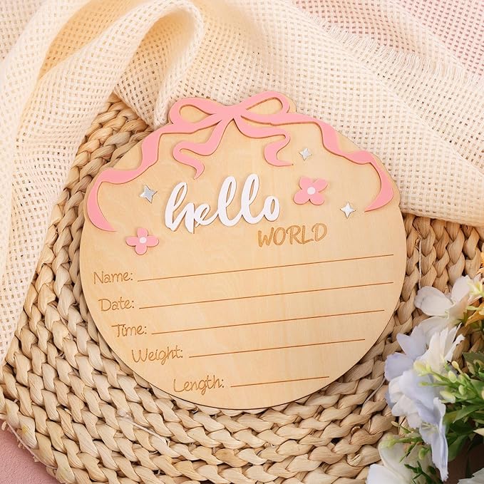 Hello World Newborn Sign, Wooden Pink Bow and Flower Baby Birth Announcement Board Newborn Welcome Sign for Nursery Home Hospital Decor Photo Props