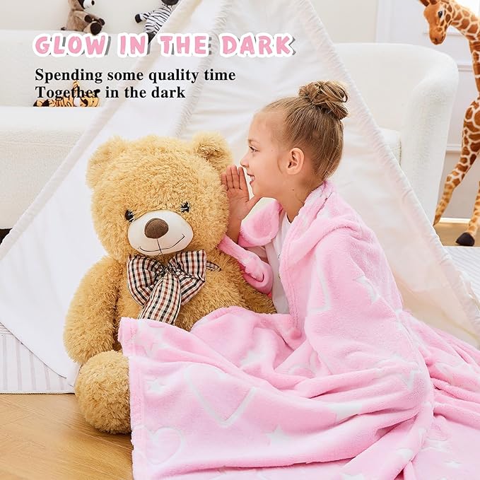 inhand Birthday Gifts Toys for Girl Pink Heart Glow in The Dark Blanket Thanksgiving Throw Blanket Cute Kids Blanket Soft Fleece Throw Blanket for Kids（40x60 Pink Heart）