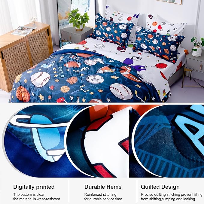 Wajade Sports Comforter Set Bed in A Bag Twin Size 7 Piece 3D Soccer Basketball Baseball Football Bedding Set for Kids Boys (1 Comforter, 1 Flat Sheet, 1 Fitted Sheet, 2 Pillowcase and 2 Pillow Sham)