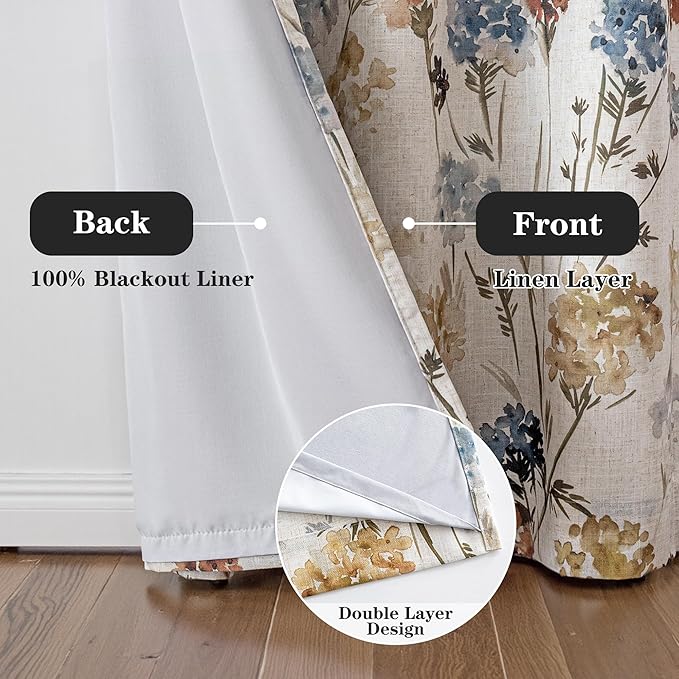 MYSKY HOME Floral 100% Blackout Linen Curtains 72 Inches Long 2 Panels Set for Bedroom Living Room Farmhouse Flower Pattern Double Layer Thermal Insulated Grommet Drapes, Yellow, 52" Wide Each Panel