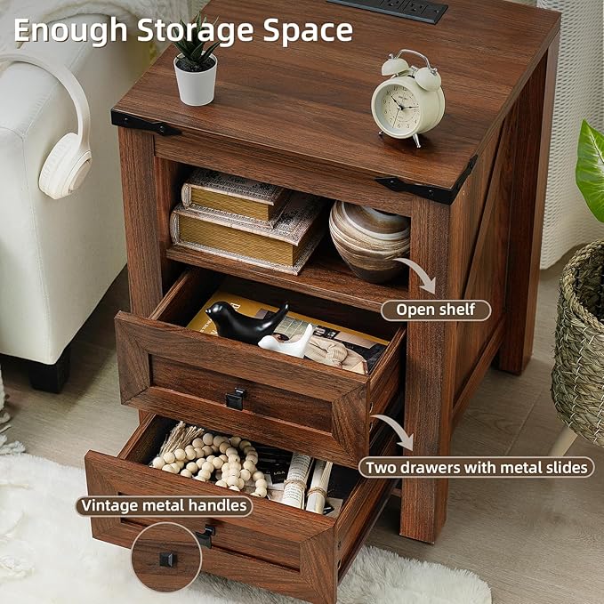 Farmhouse Living Room Sets, Night Stands Set of 2 and 6 Drawers Dresser for Bedroom, 58 Inch Wide Wood Dresser and 18.1" Night Stands with Charging Station for Bedroom, Living Room, Hallway