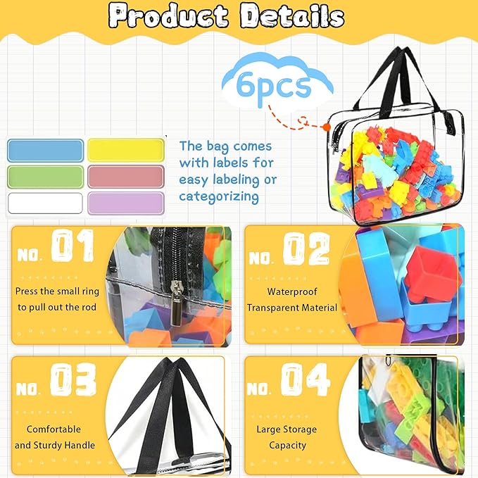 6PCS Toy Storage Bags, Clear Waterproof Toy Organizer Bags with Labels, Suitable for Storing Building Blocks, Puzzles, Stationery, and Books (6PCS XL: 13.8 * 9.25 * 6.9Inch)