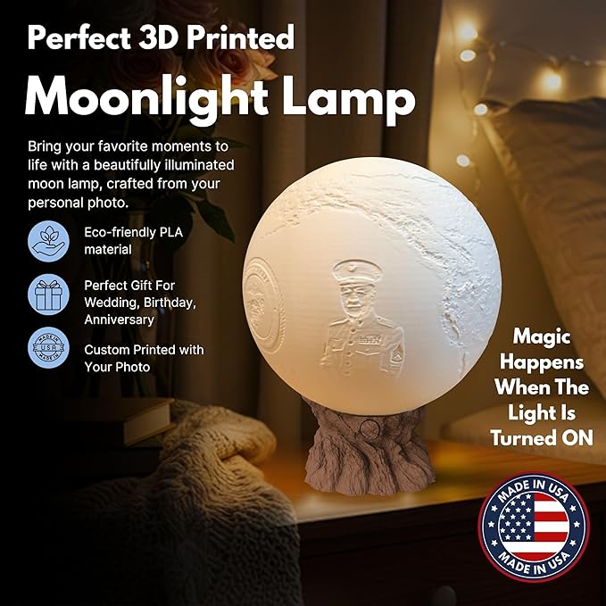 Personalized U.S Marine Retirement Moon Lamp with Custom Photo & Text - Custom USMC Moon NightLight | Military Veteran Gift for Marines, Soldiers, Marine Corps & Service Members