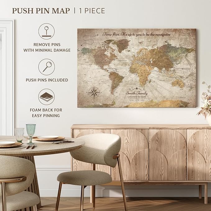 ElephantStock - Personalized Be The Navigator I Push Pin World Map Wall Art - Horizontal Canvas Wall Art - Living Room Wall Decor - Digital Art Map Canvas Art - Brown And Beige Decor - 48" x 32"