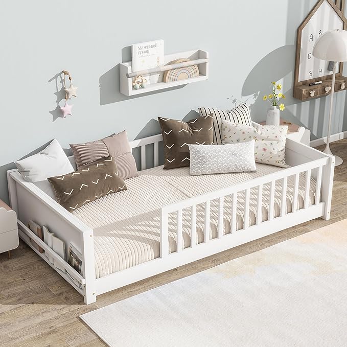 Floor Bed with Rails Twin Size, Wood Montessori Floor Bed with Storage Bookcase, Kids Bed Frame with Fence for Boys Girls, White
