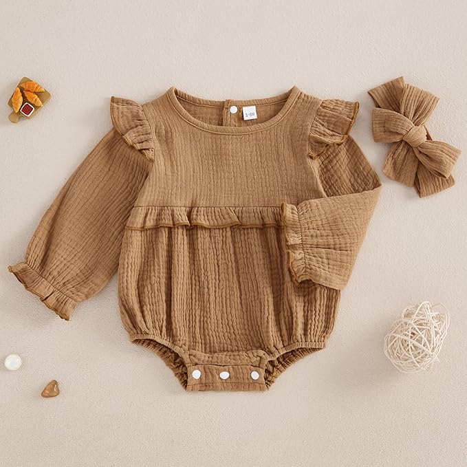 Newborn Infant Baby Girl Clothes Cotton Linen Long Sleeve Smocked Bubble Romper Ruffle Bodysuit Jumpsuit Fall Outfit