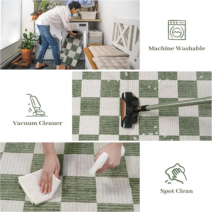 LIVEBOX 3x5 Washable Area Rug Checkered, Non-Slip Small Entryway Rug Green Farmhouse Neutral Classic Geometric Boys Rug for Bedroom Room Low-Pile Carpet for Indoor Kitchen Bathroom(Sage Green 3'x5')