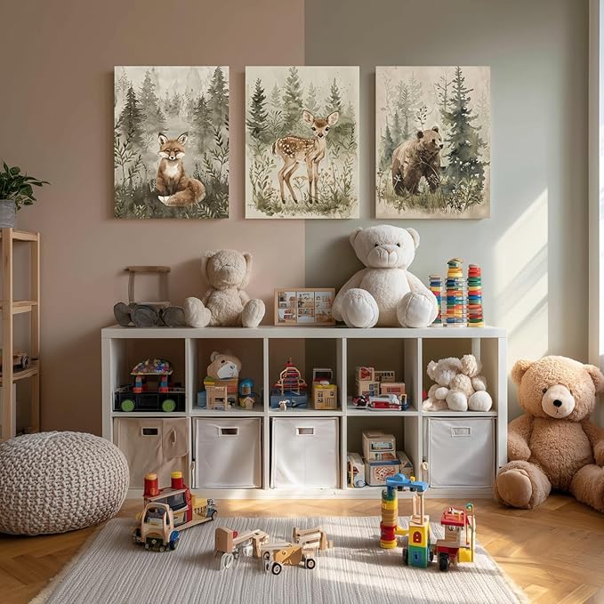 kilamino Framed Woodland Animal Nursery Wall Art, Cute Fox Bear Deer Wall Decor, Neutral Wildlife Animal Art Prints, Funny Nature Forest Animal Canvas Paintings for Baby Room Playroom 12"x16"x3