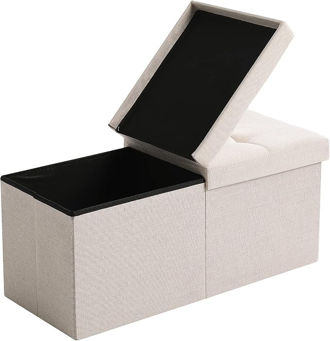 Cuyoca Foldable Seat Footrest Shoe Bench End of Bed Storage with Flipping Lid, 75L Storage Space, 30 inches Linen Fabric Beige