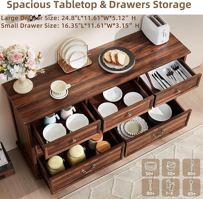 Farmhouse Dresser and Nightstand Sets, Wood 54" Wide Dresser & 24" Night Stand with Charging Station, 2 Piece Bedroom Furniture Set, Chest of Drawers for Bedroom, Home, Living Room, Hallway