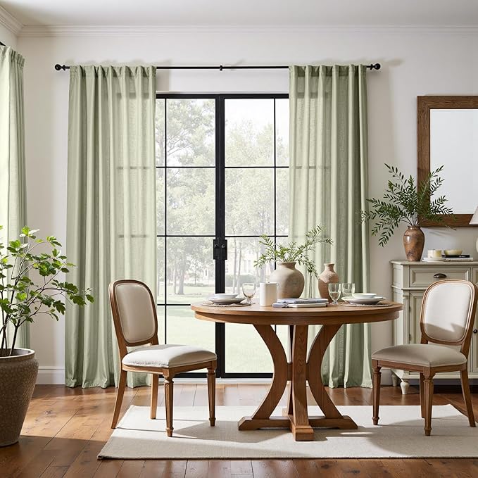 jinchan Linen Blend Curtains 84 inch Length 2 Panels for Bedroom Living Room, Light Filtering 50 inch Wide Farmhouse Drapes with Rod Pocket Back Tab(50W x 84L, Light Green)