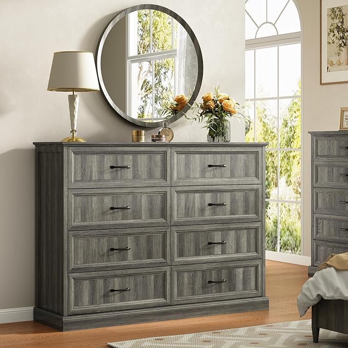 CARPETNAL Farmhouse Dresser and Nightstand Sets for Bedroom, 3 Pcs Bedroom Set, 8 Drawer Dresser & Nightstand Set of 2, Modern Wood Chest of Drawers for Bedroom, Living Room, Entryway, Grey
