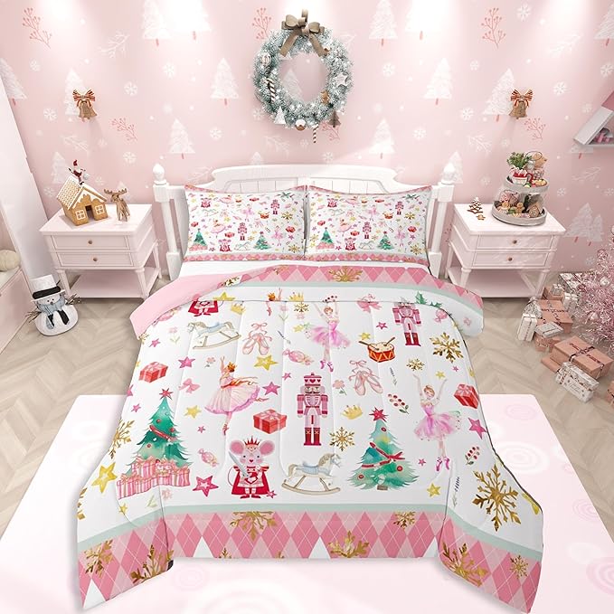 Feelyou Pink Christmas Kids Comforter Set Toddler Size Ballet Nutcracker Bedding Set Snowflake Duvet Quilt for Kids Boys Girls Bedroom Decor Microfiber Ultra Soft Breathable