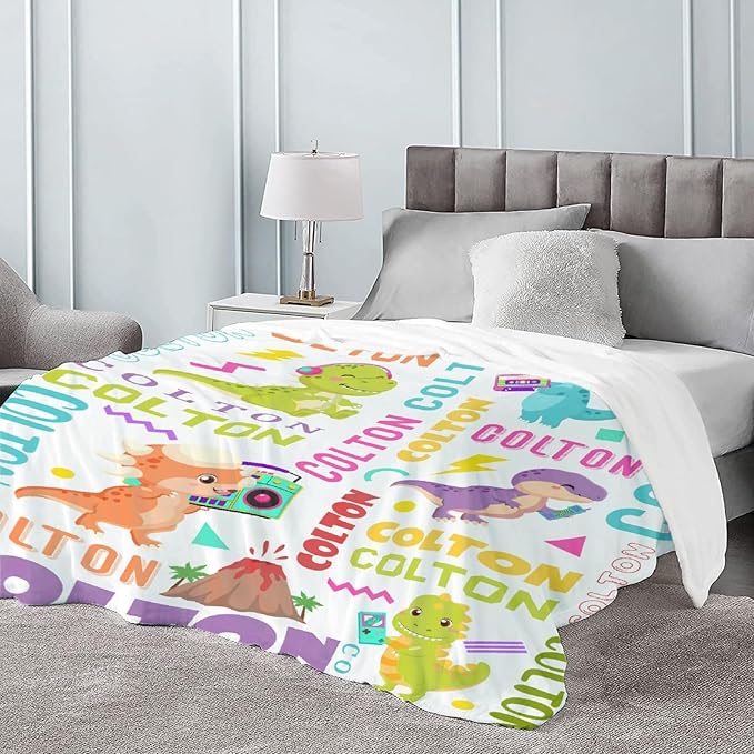 Dinosaur Lover Personalized Blanket with Custom Baby Dinosaur Custom Name Flannel Blanket Soft Throw Meaningful Gift for Toddlers Girls Boys Kids Pets 80 * 60" L for Adult