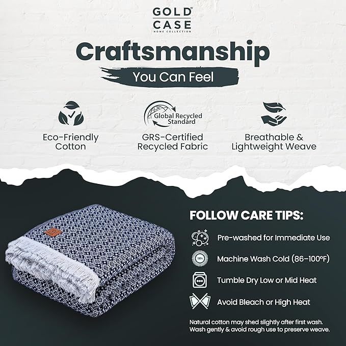 Gold Case Throw Blanket for Bed - 100% Recycled Turkish Cotton Blanket - Retro Lightweight Soft Throw Blankets for Bed & Living Room - Queen Size Cozy Blankets - 90x90 - Navy Blue