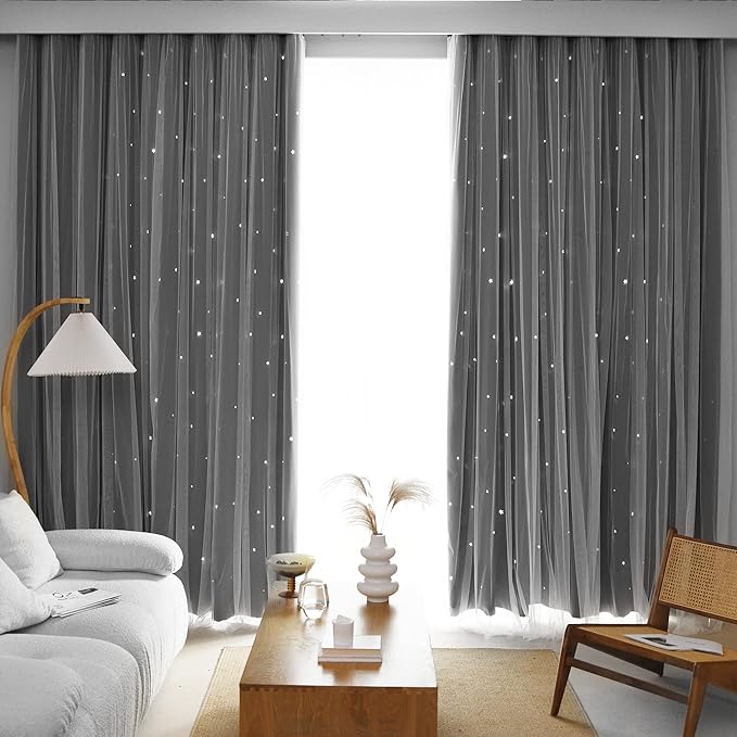 Kinryb Kids Blackout Curtains for Bedroom/Living Room/Classroom, Sheer Overlay 2 Panel Set, Double Layer Curtains with Star Cutout for Kids Room(Each Piece W 70 x L 72 Inches 2 Pcs Grey)