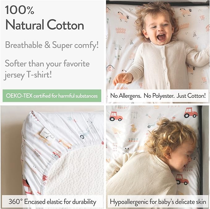 Joey + Joan Bassinet Fitted Sheets 19" x 32" for Cowiewie Bedside Sleeper Bassinet Mattress Pad – Snuggly Soft 100% Jersey Cotton – Farm Animals – 2 Pack
