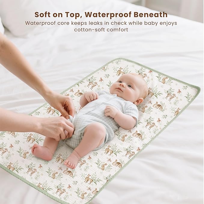 Konssy 2 Pack Waterproof Muslin Cotton Portable Changing Pad 30"x 17", Soft & Foldable Baby Changing Mat Travel Pad with Terry Backing, Shower Gift for Newborn Girls Boys (Woodland,Sage)