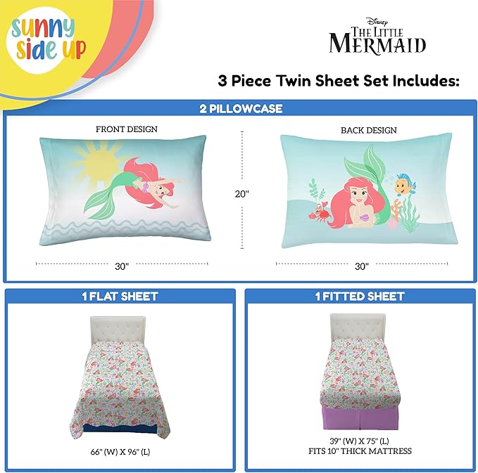 Sunny Side Up Disney The Little Mermaid Twin Sheet Set - 3 Piece Kids Bedding Set Includes Pillow Cover - Super Soft Ariel Microfiber Sheets