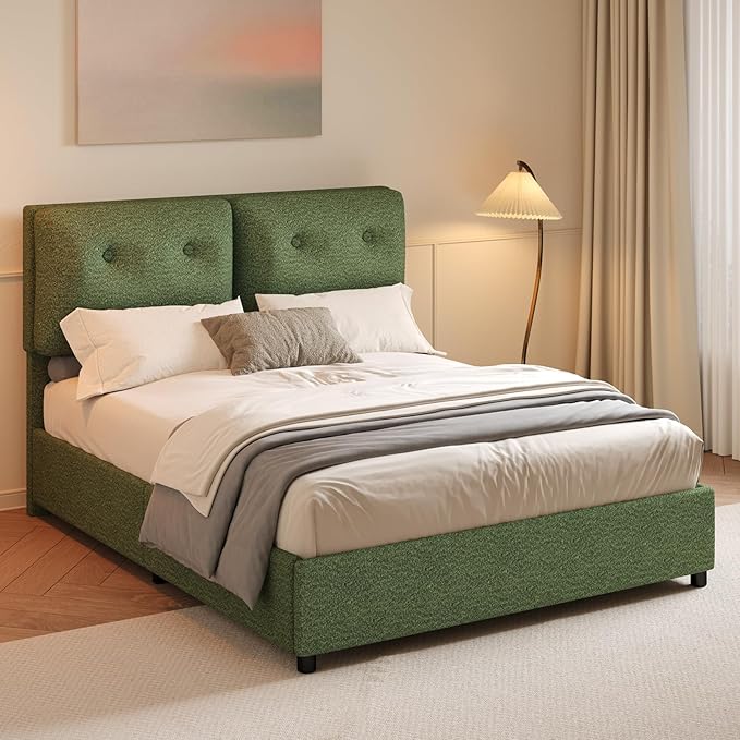 Full Size Bed Frame with Headboard, Cloud Boucle Upholstered Bed Frame, Modern Soft Style, Adjustable Headboard, No Box Spring Needed, Easy Assembly, Green