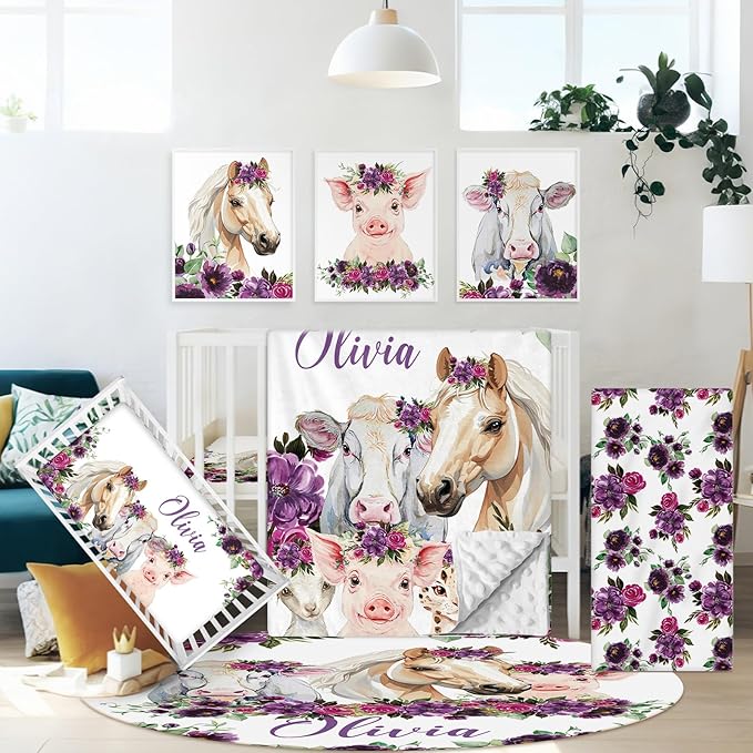 Personalized Baby Crib Bedding Set, 5 Pcs Custom Name Baby Crib Set with Floral Animals, Baby Girls Nursery Bedding Sets, Double Layer Blanket, Newborns Infants Toddlers Customized Gifts