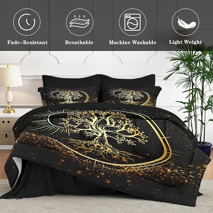 7 Pcs Full Size Comforter Set with 2 Pillowcases & 2 Shams, Black Sun and Moon Bedding for Kids and Adults, Nature Tree of Life Bed in a Bag with Flat Fitted Sheet