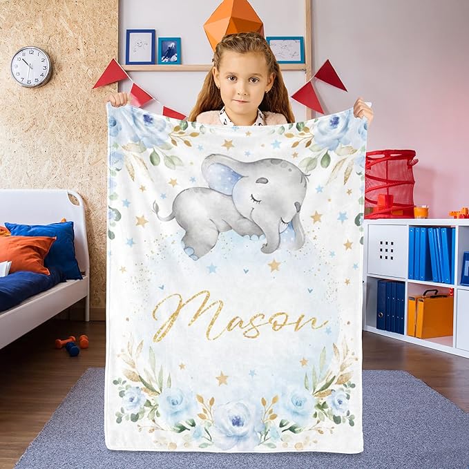 Personalized Elephant Blanket with Name for Boy, Custom Name Blanket for Kids, Soft Flannel Blue Elephant Toddler Blanket Customized Gift for Birthday Christmas Children Day 40x50inch
