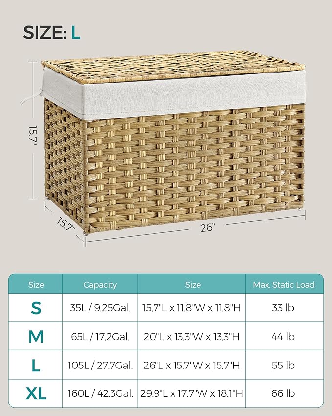 SONGMICS Storage Basket with Lid, 27.7 Gallon (105L) Storage Bin, Woven Blanket Storage Basket with Handles, Foldable, Removable Liner, Metal Frame, for Bedroom, Laundry Room, Natural URST066N01