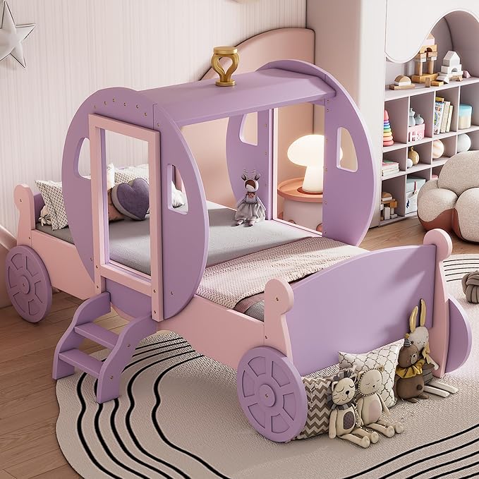 Cute Twin size Princess Carriage Bed with Crown and Stair, Solid Wood Car Bed Frame with 2 Doors, Headboard and Footboard, Safety Wood Slats for Kids Boys Girls Teens Adults (Purple+Pink-s18)