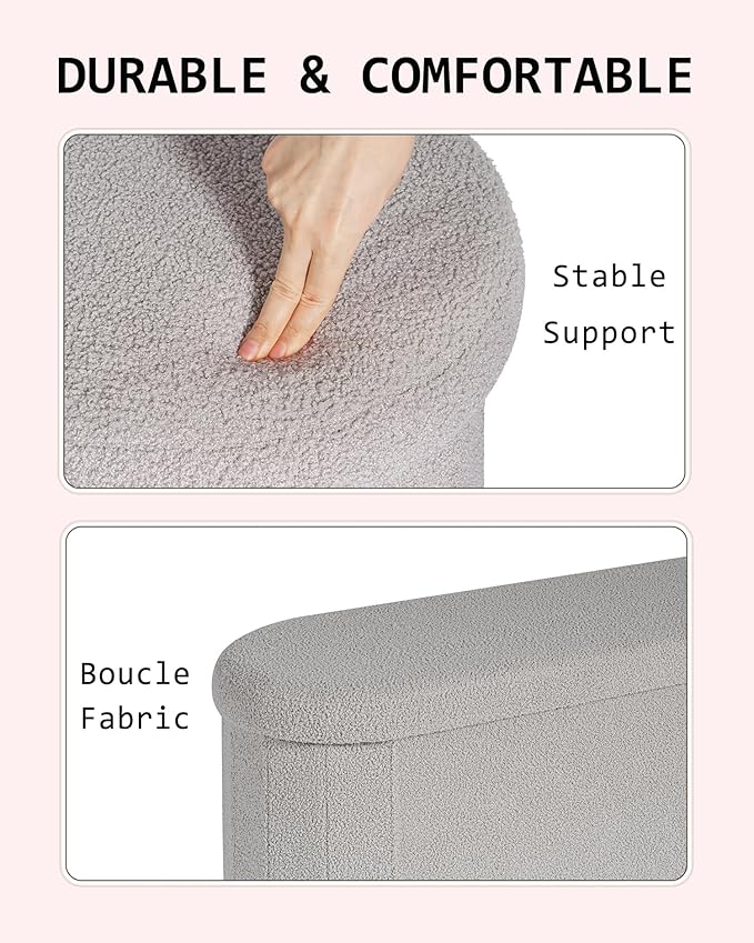 Storage Ottoman Bench, 43.3" Oval Upholstered Ottoman Foot Rest Foldable Boucle End of Bed Storage Bench for Living Room, Entryway, Grey