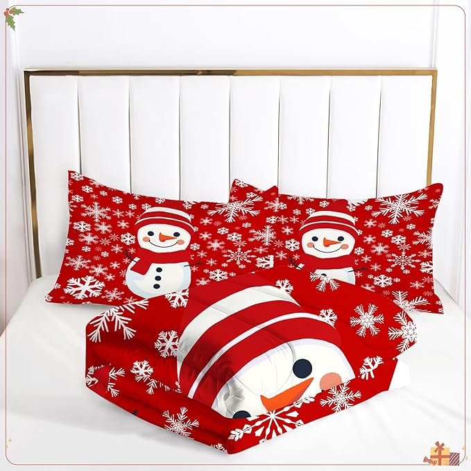 Christmas Comforter Set Queen: Christmas Snowman Red Bedding Sets for Teen Girls Women Bedroom Decor Xmas Snowflakes Quilt Winter Snow Duvet Bed Set 1 Comforter & 2 Pillowcases