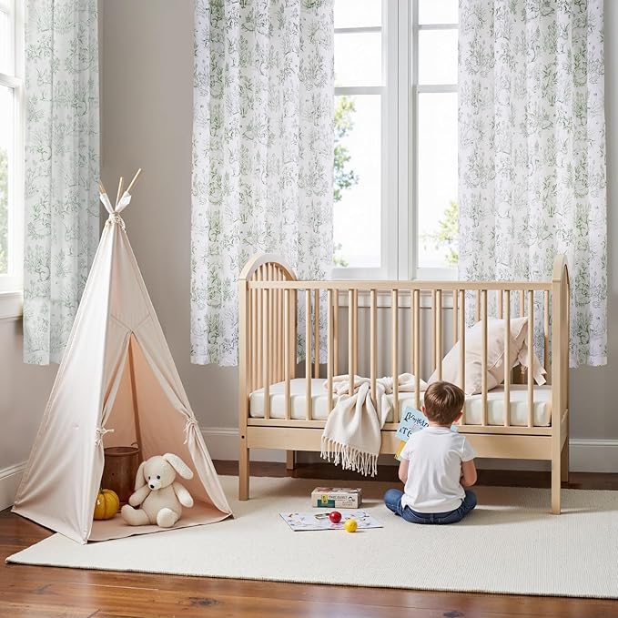 jinchan Linen Nursery Curtains 72 inch Long Woodland Wildlife Sage Green Print Drapes for Kid's Room Light Filtering French Country Farmhouse Curtains with Bunny and Forest Design Set of 2 Panels