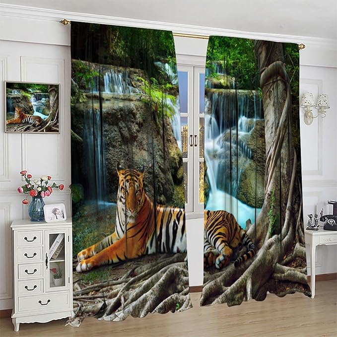 Waterfall Landscape Blackout Curtains, Spring Forest Animal Tiger Tree Waterfall Nature Window Drapes, for Bedroom Living Room 63" W X 63" L