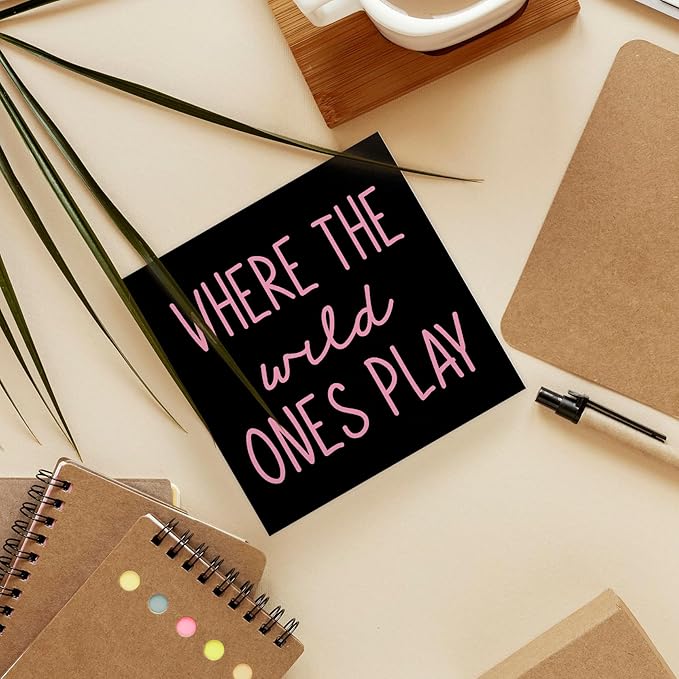 Where The Wild Ones Play Black Pink Wood Box Sign Desk Decor 5X5, Nursery Kids Room Wooden Block Sign Decorations for Playroom Toddler Room Wall Tabletop Shelf Decor