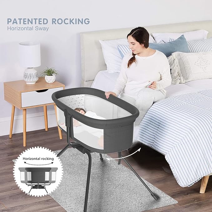 ANGELBLISS 3 in 1 Rocking Bassinet & Baby Bassinet Bedside Sleeper, One-Second Convert Travel Portable Bassinet Newborn Baby (Black)