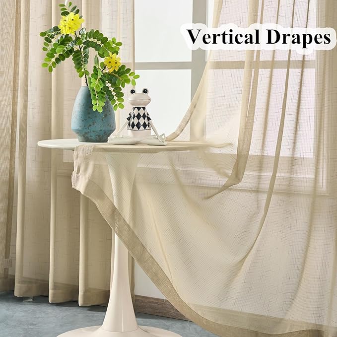 Taupe Sheer Curtains 102 Inch Long, Neutral Linen Look Textured Light Filtering Drapes, Tan Beige Transparent Window Decor, Rustic Floor to Ceiling Pinch Pleat Curtain with Hooks