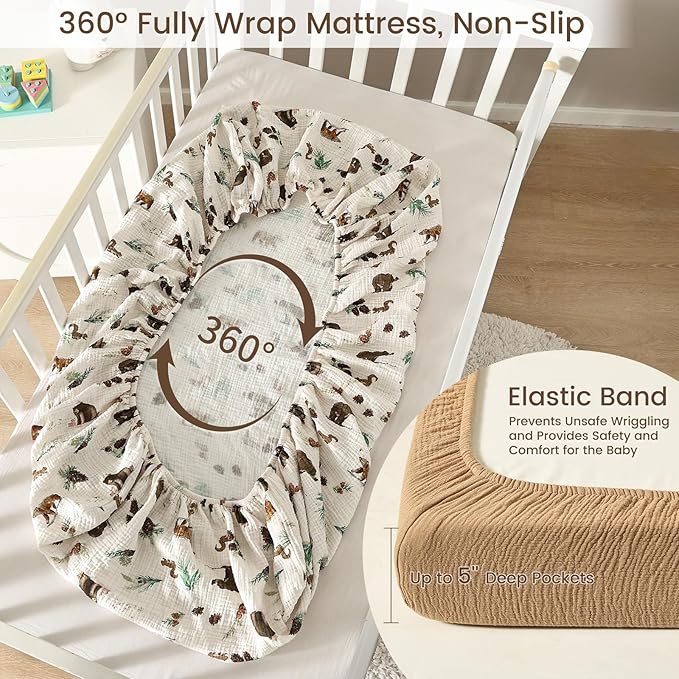 david's kids Muslin Mini Crib Sheets, 2 Pack Cotton Pack N Play Sheets for Boys, Soft Breathable Baby Sheets Fit Pack N Play, Playard and Mini Crib Mattresses, Woodland Animal
