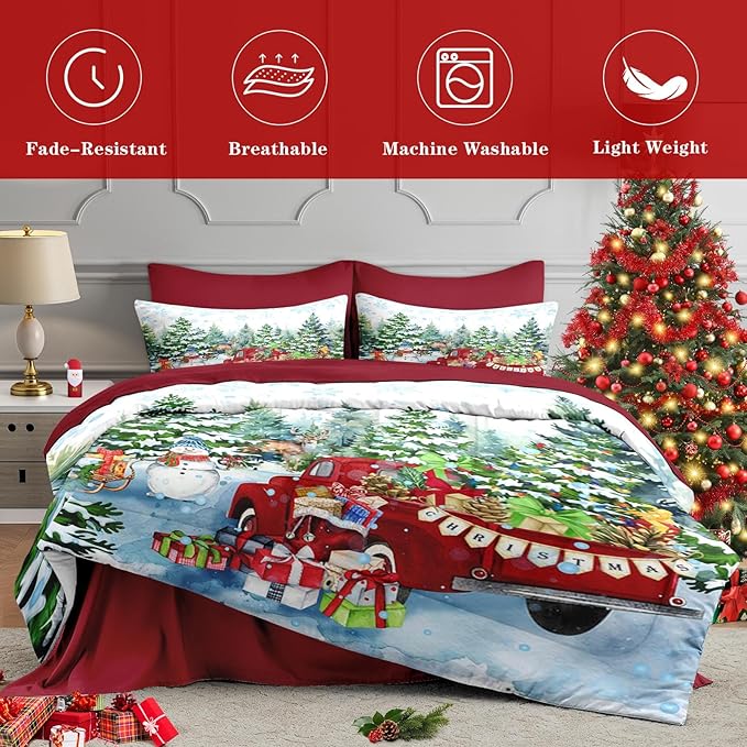 7 Pcs Queen Size Christmas Comforter Set with 2 Pillowcases & 2 Shams, Red Vintage Truck Snowman Bedding for Kids and Adults, Winter Snow Forest Elk Bed in a Bag with Flat Fitted Sheet