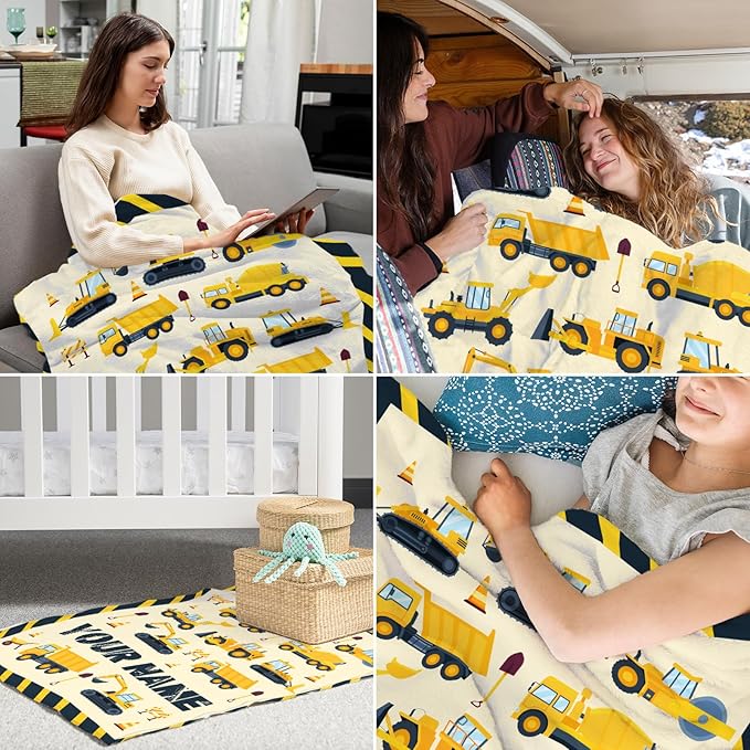 Personalized Construction Blanket for Kids - 30" x 40" Inches Cute Throw Blanket for Boys - Yellow Lightweight Furry Throw for Lap, Couch, Office