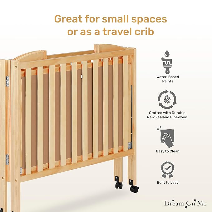 Dream On Me 3-in-1 Portable Folding Stationary Side Mini Baby Crib in Natural & Mattress, GreenGuard Gold & JPMA, Use as Changer & Playpen, Locking Wheels, 3 Mattress Heights, Extra Firm Mattress